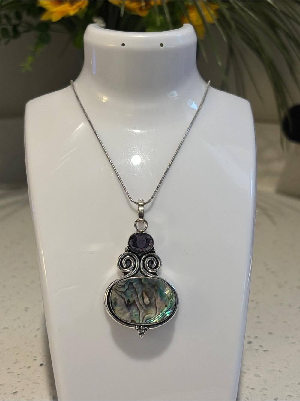 Sterling Silver Abalone & Amethyst Gemstone Pendant Necklace